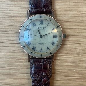 Vintage Relic Granite Watch With Braided Brown Leather Strap NOT WORKING